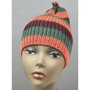 VTG Handmade Adult ONE SIZE Green/Orange/Brown Stripe Knitted BEANIE Winter CAP